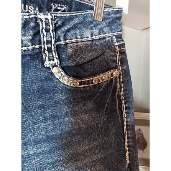 L.A.  idol Womens Juniors Distressed‎ Embroidered Rhinstones Skinny Jeans Size 7 - Picture 10 of 13